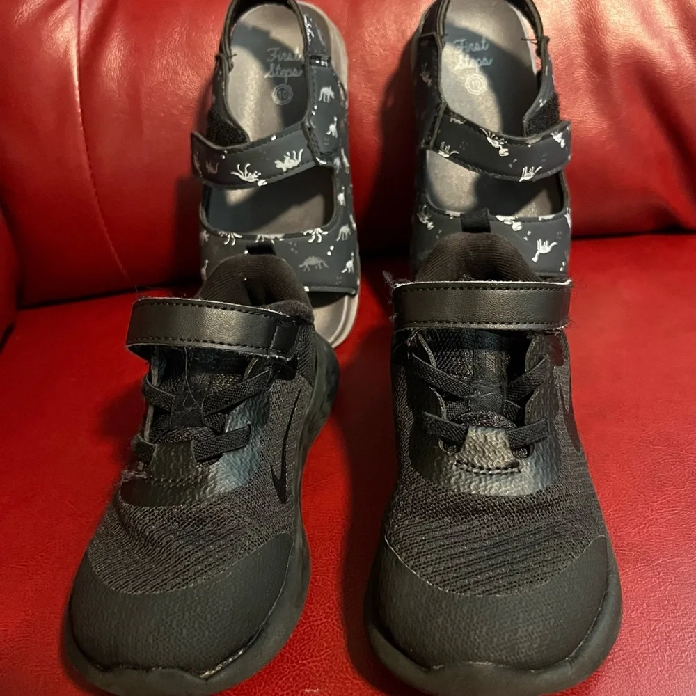 Kids Black Nike  Shoes and Dinosaur Sandals